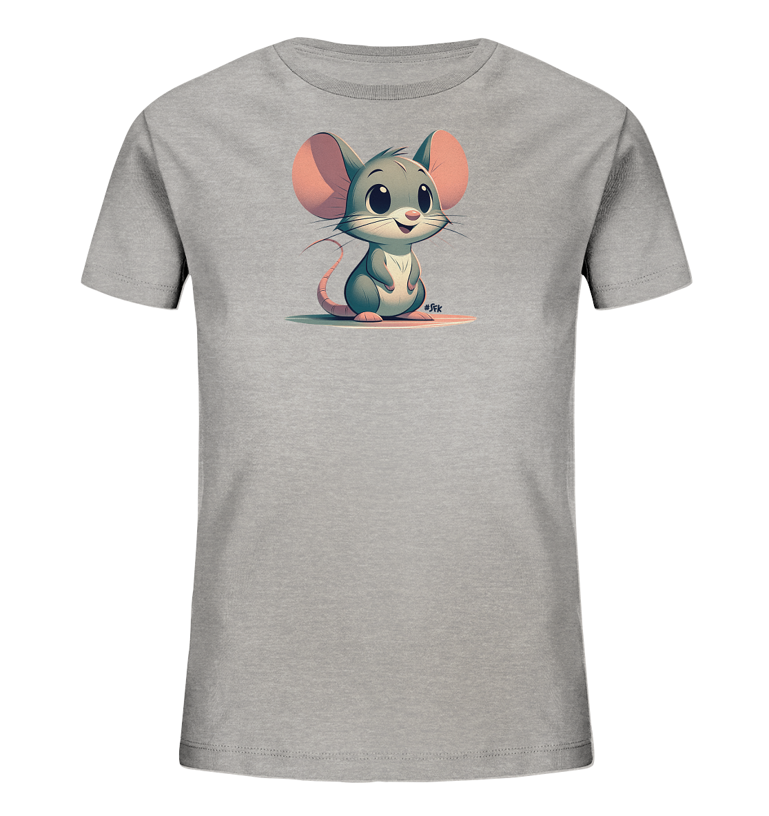 Onlineshop Shirts fuer Kinder - Das Bild zeigt ein graues T-Shirt fuer Kinder mit einem niedlichen Maeusemotiv auf der Vorderseite. Die gezeichnete Maus hat grosse, rosa Ohren und ein freundliches Gesicht. Sie sitzt aufrecht auf einer farbigen Flaeche. Das schlichte Design ist ideal fuer einen laessigen Look.