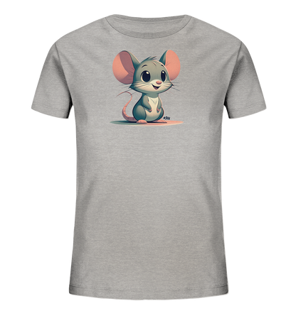 Onlineshop Shirts fuer Kinder - Das Bild zeigt ein graues T-Shirt fuer Kinder mit einem niedlichen Maeusemotiv auf der Vorderseite. Die gezeichnete Maus hat grosse, rosa Ohren und ein freundliches Gesicht. Sie sitzt aufrecht auf einer farbigen Flaeche. Das schlichte Design ist ideal fuer einen laessigen Look.