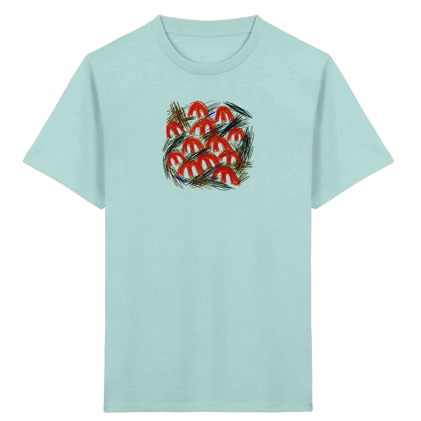 Caribbean-Blue Kinder Bio T-Shirt mit Pilz-Motiv im Kritzelstil