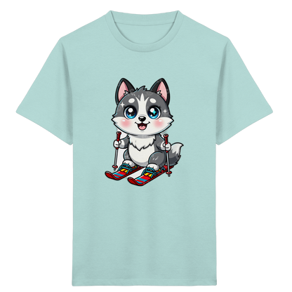 Husky-Welpe auf Skiern – Kinder Bio-T-Shirt