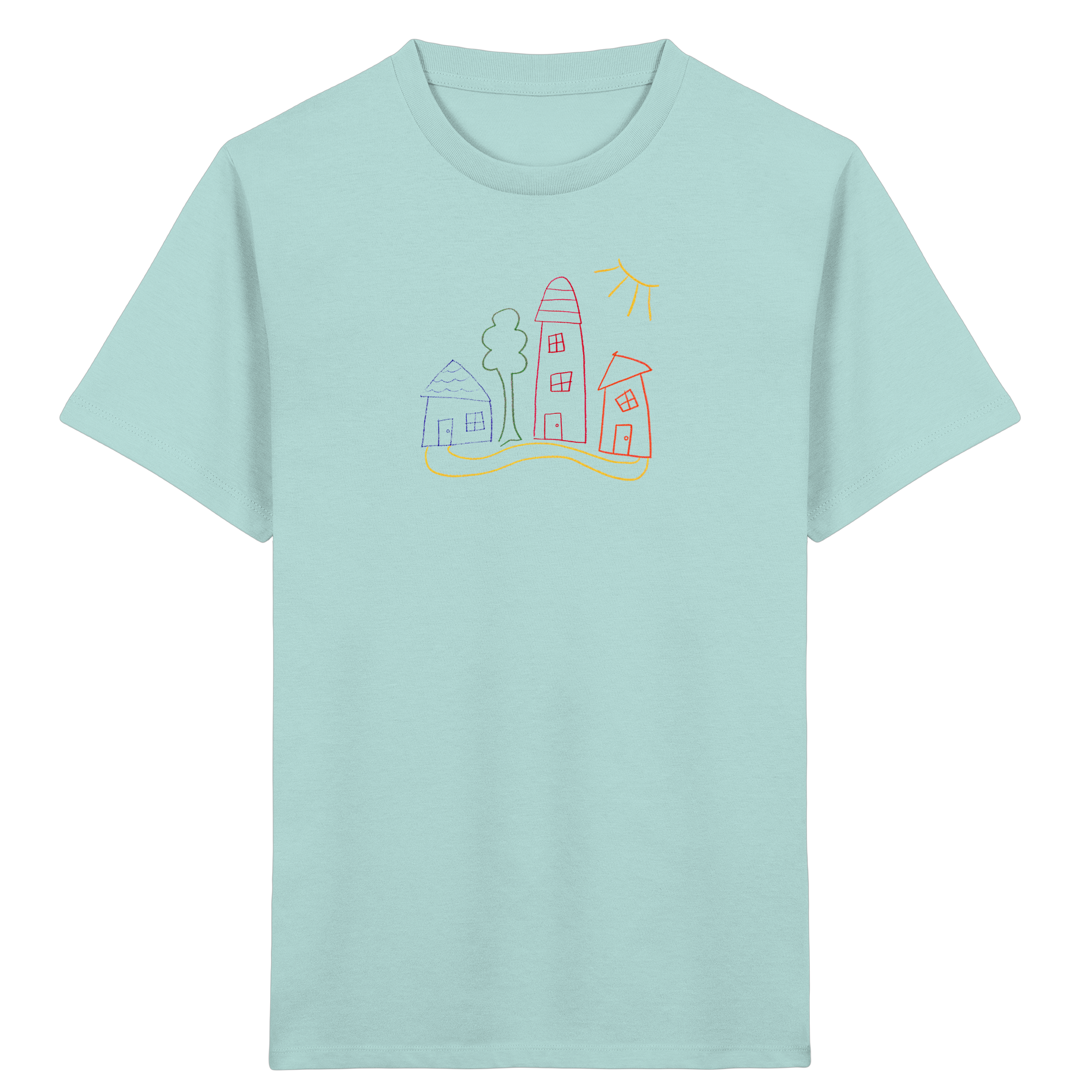 Kinder Bio T-Shirt Buntes Dorf Wachsmalstift-Motiv