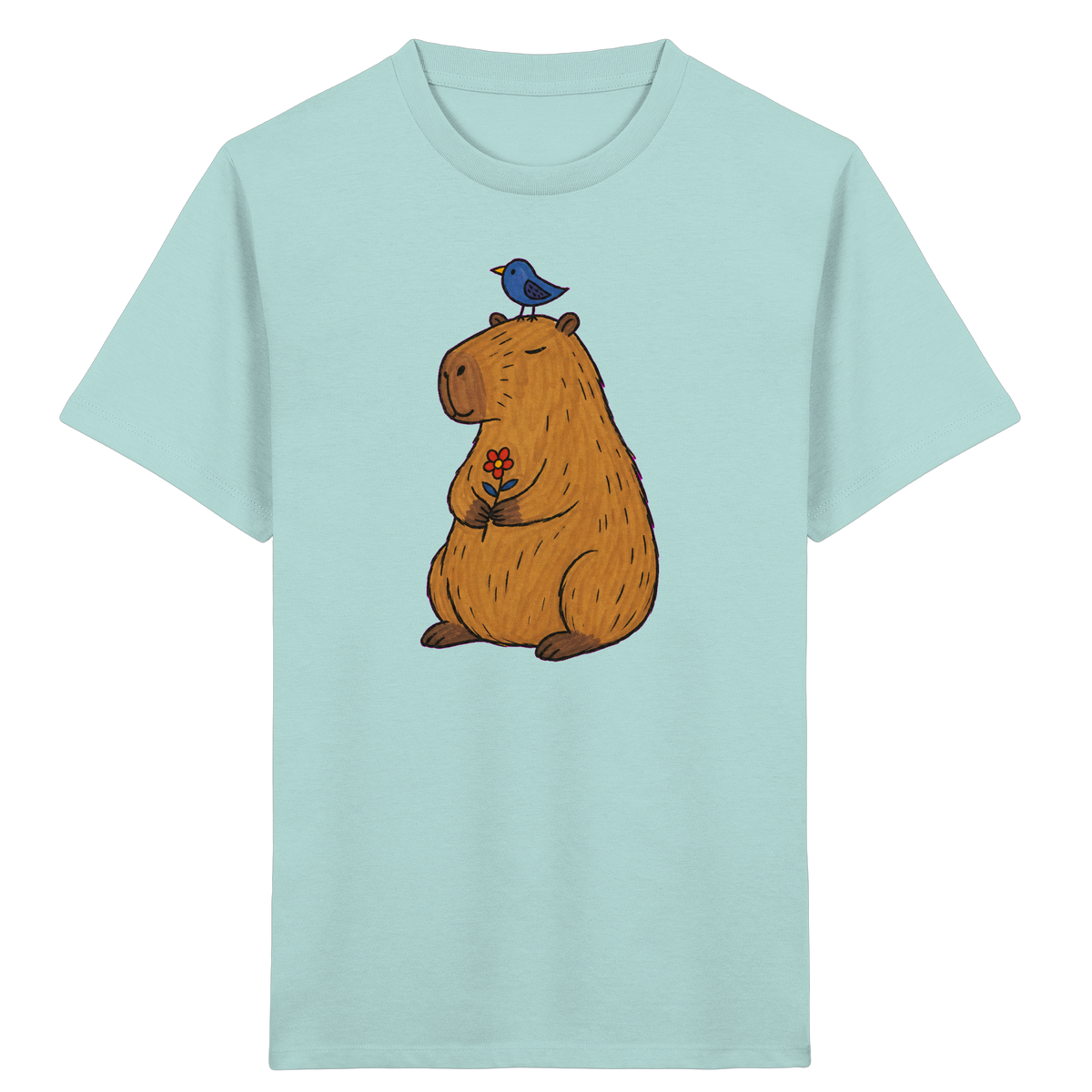 Süßes Capybara T-Shirt mit Vogel - Kinder Bio T-Shirt