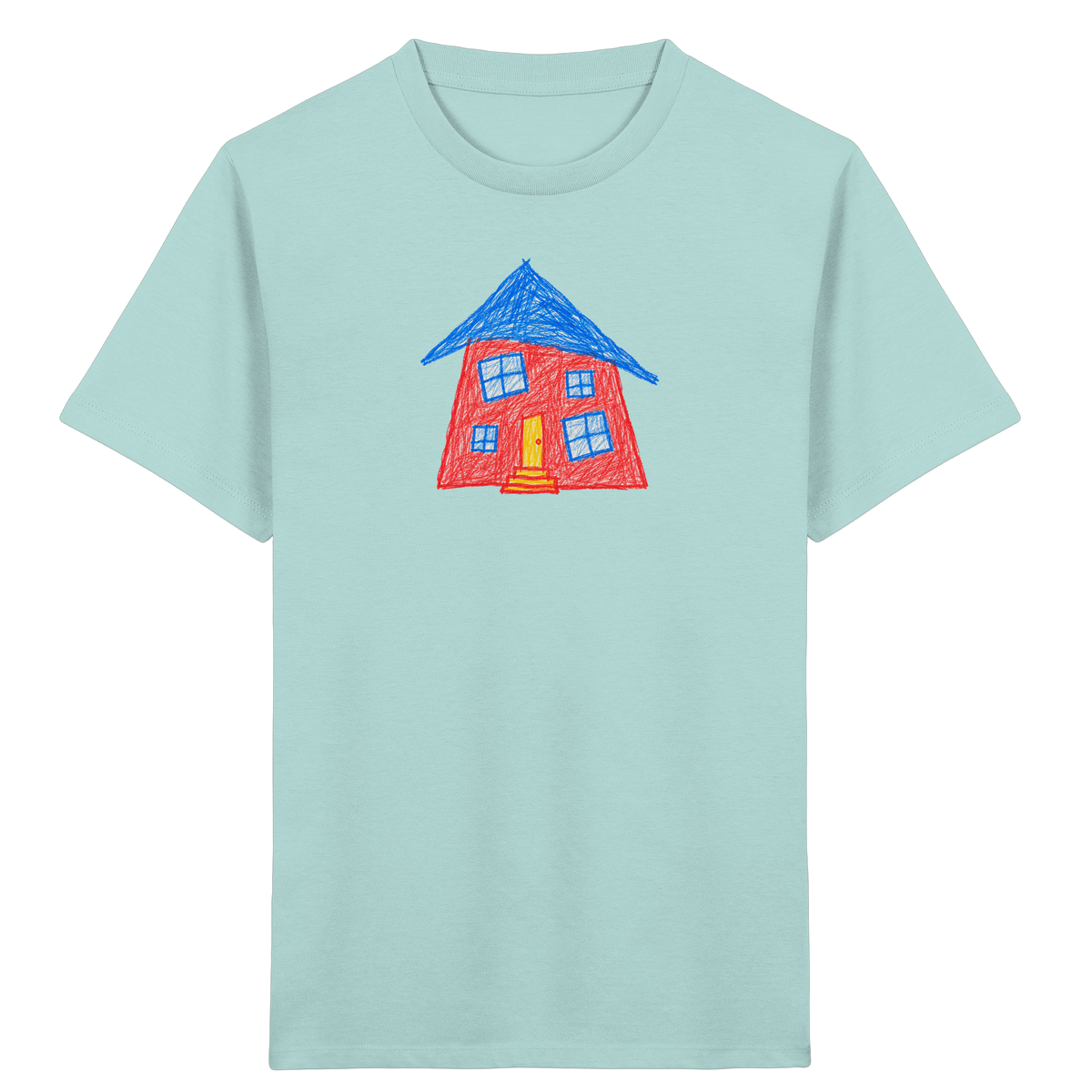 Korallenrotes Haus mit blauem Dach - Kinder Bio T-Shirt