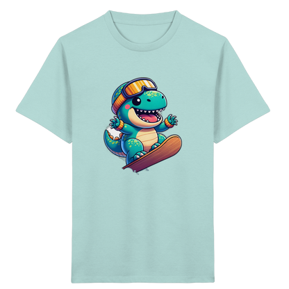 Dinosaurier auf dem Snowboard – Kinder Bio-T-Shirt