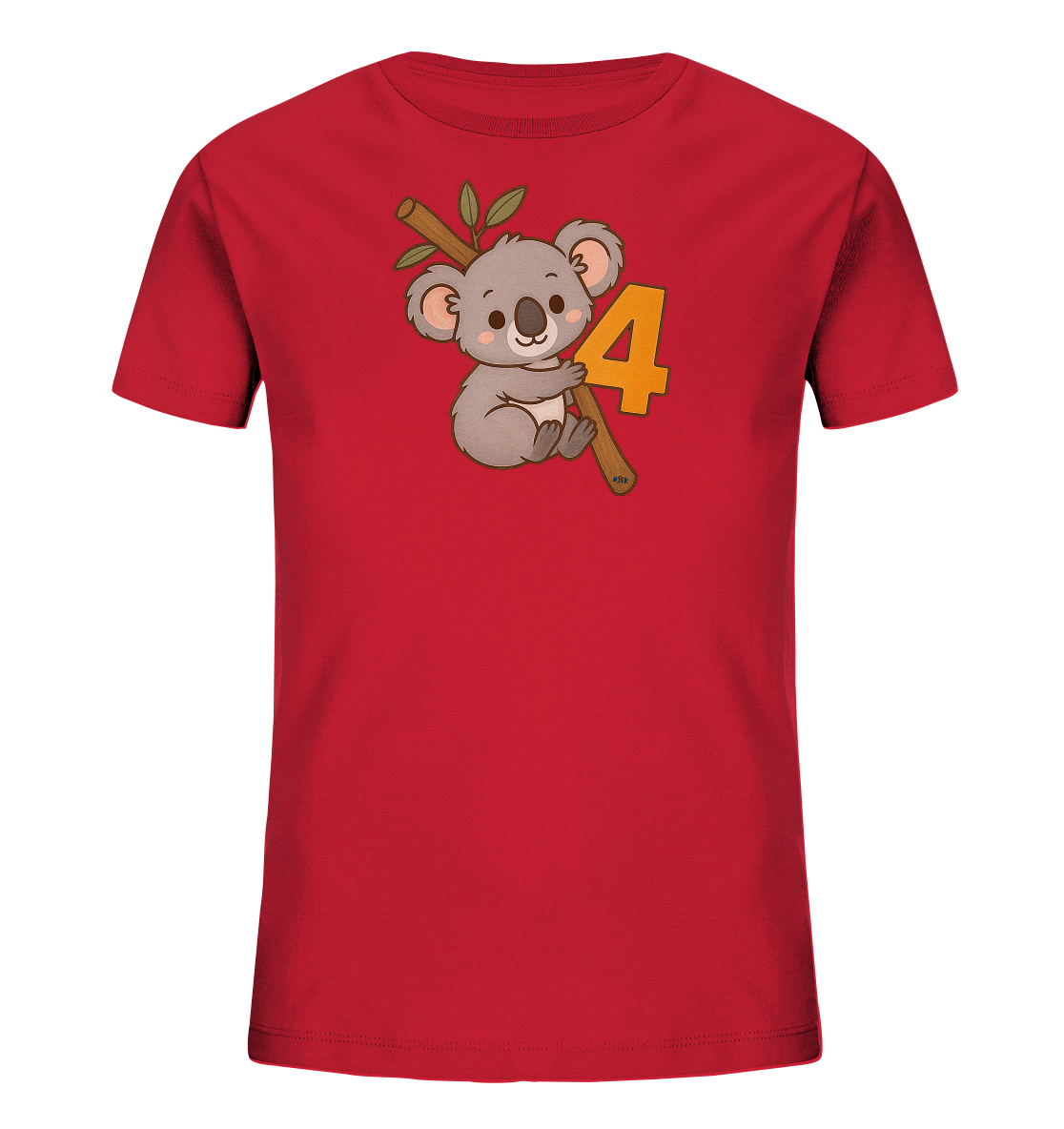 Onlineshop Shirts fuer Kinder - Das Bild zeigt ein rotes Kinder-T-Shirt mit einem suessen Cartoon-Koala auf der Vorderseite. Der Koala sitzt auf einem Ast mit ein paar Blaettern und haelt sich fest. Direkt neben dem Koala ist eine grosse, orangefarbene Zahl '4' abgebildet. Das Design wirkt verspielt und freundlich.