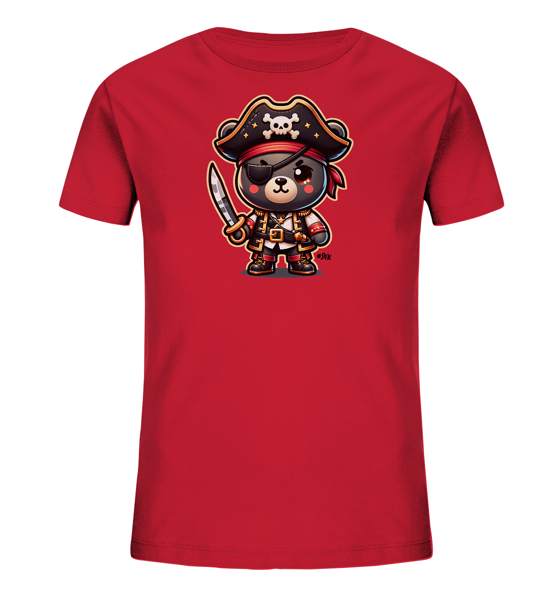 Onlineshop Shirts fuer Kinder - Das rote Kinder T-Shirt praesentiert eine suesse Comic-Illustration eines Baeren, der als Pirat gekleidet ist. Der Baer traegt einen Piratenhut mit Totenkopf, eine Augenklappe und haelt einen Saebel. Sein Kostuem umfasst eine rote Jacke, ein weisses Hemd und einen Guertel. Das freundliche Design verleiht dem Shirt einen abenteuerlichen Look.