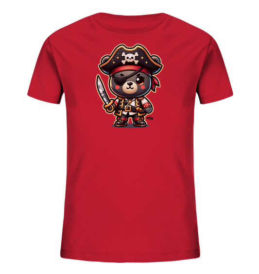 Onlineshop Shirts fuer Kinder - Das rote Kinder T-Shirt praesentiert eine suesse Comic-Illustration eines Baeren, der als Pirat gekleidet ist. Der Baer traegt einen Piratenhut mit Totenkopf, eine Augenklappe und haelt einen Saebel. Sein Kostuem umfasst eine rote Jacke, ein weisses Hemd und einen Guertel. Das freundliche Design verleiht dem Shirt einen abenteuerlichen Look.