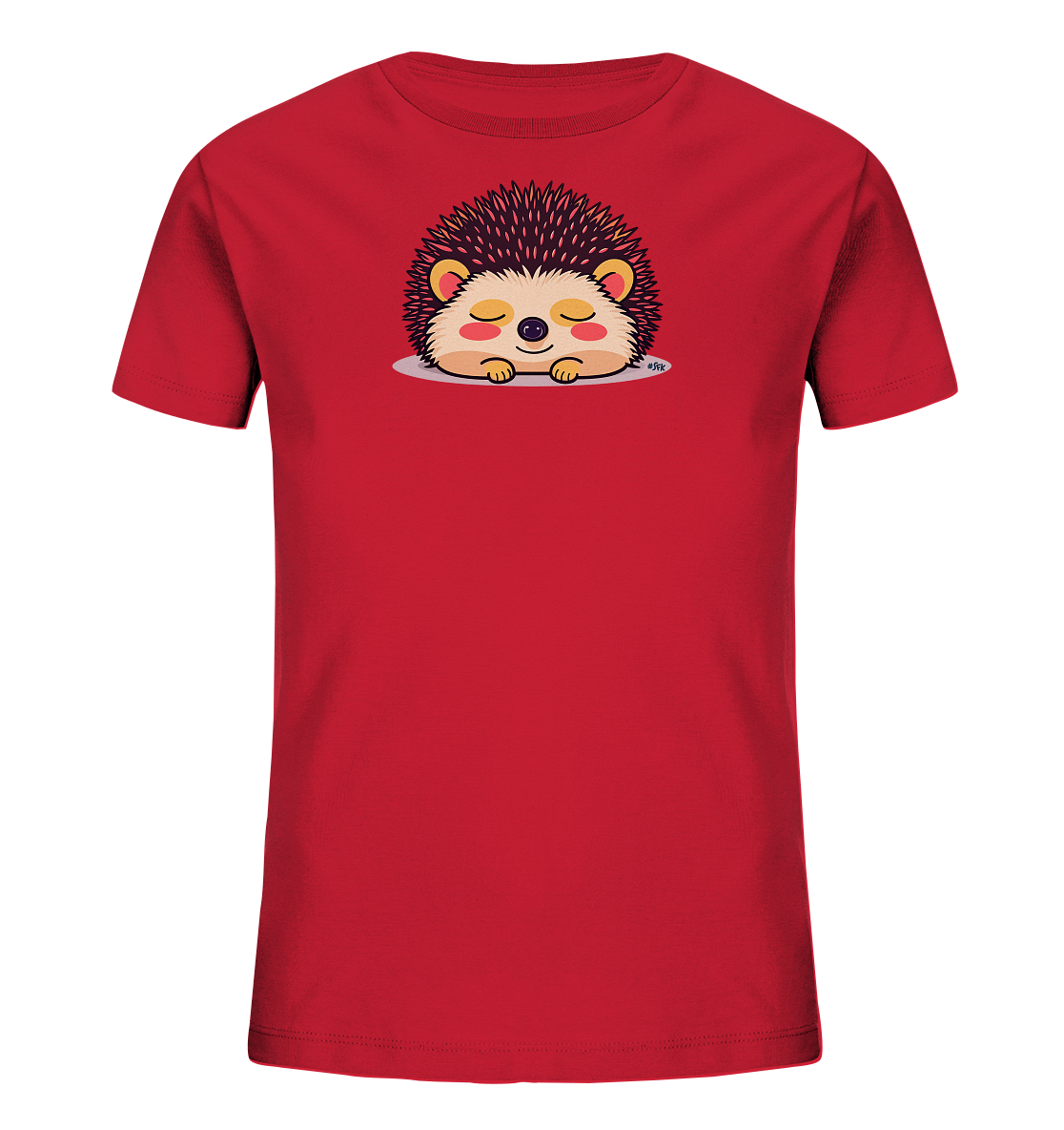 Onlineshop Shirts fuer Kinder - Das Bild zeigt ein leuchtend rotes Kinder-T-Shirt. Auf der Vorderseite ist eine niedliche, cartoonhafte Illustration eines Igels zu sehen, der mit geschlossenen Augen friedlich schlaeft. Das Igelmotiv hat eine helle Gesichts- und Bauchpartie sowie dunkle Stacheln und ist auf einer hellgrauen Flaeche platziert. Das Design wirkt sehr liebenswert und ansprechend.