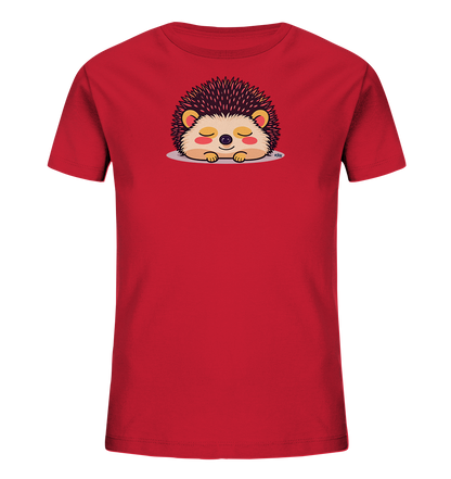 Onlineshop Shirts fuer Kinder - Das Bild zeigt ein leuchtend rotes Kinder-T-Shirt. Auf der Vorderseite ist eine niedliche, cartoonhafte Illustration eines Igels zu sehen, der mit geschlossenen Augen friedlich schlaeft. Das Igelmotiv hat eine helle Gesichts- und Bauchpartie sowie dunkle Stacheln und ist auf einer hellgrauen Flaeche platziert. Das Design wirkt sehr liebenswert und ansprechend.