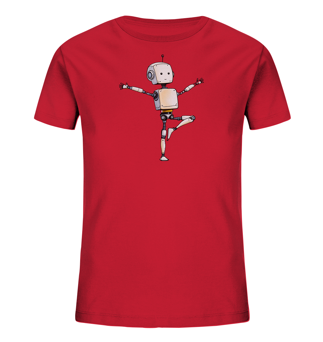 Onlineshop Shirts für Kinder - Das Bild zeigt ein rotes T-Shirt für Kinder. Auf der Vorderseite ist eine Illustration eines Roboters zu sehen. Der Roboter ist in einer Balancierposition dargestellt, stehend auf einem Bein mit ausgebreiteten Armen. Die Grafik hat einen freundlichen und cartoonhaften Stil mit einfachen Linien und neutralen Farben für den Roboter. Das Design ist zentral auf dem roten Stoff platziert und wirkt verspielt.