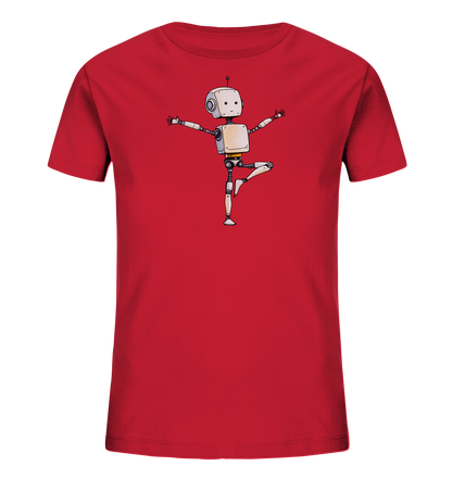 Onlineshop Shirts für Kinder - Das Bild zeigt ein rotes T-Shirt für Kinder. Auf der Vorderseite ist eine Illustration eines Roboters zu sehen. Der Roboter ist in einer Balancierposition dargestellt, stehend auf einem Bein mit ausgebreiteten Armen. Die Grafik hat einen freundlichen und cartoonhaften Stil mit einfachen Linien und neutralen Farben für den Roboter. Das Design ist zentral auf dem roten Stoff platziert und wirkt verspielt.
