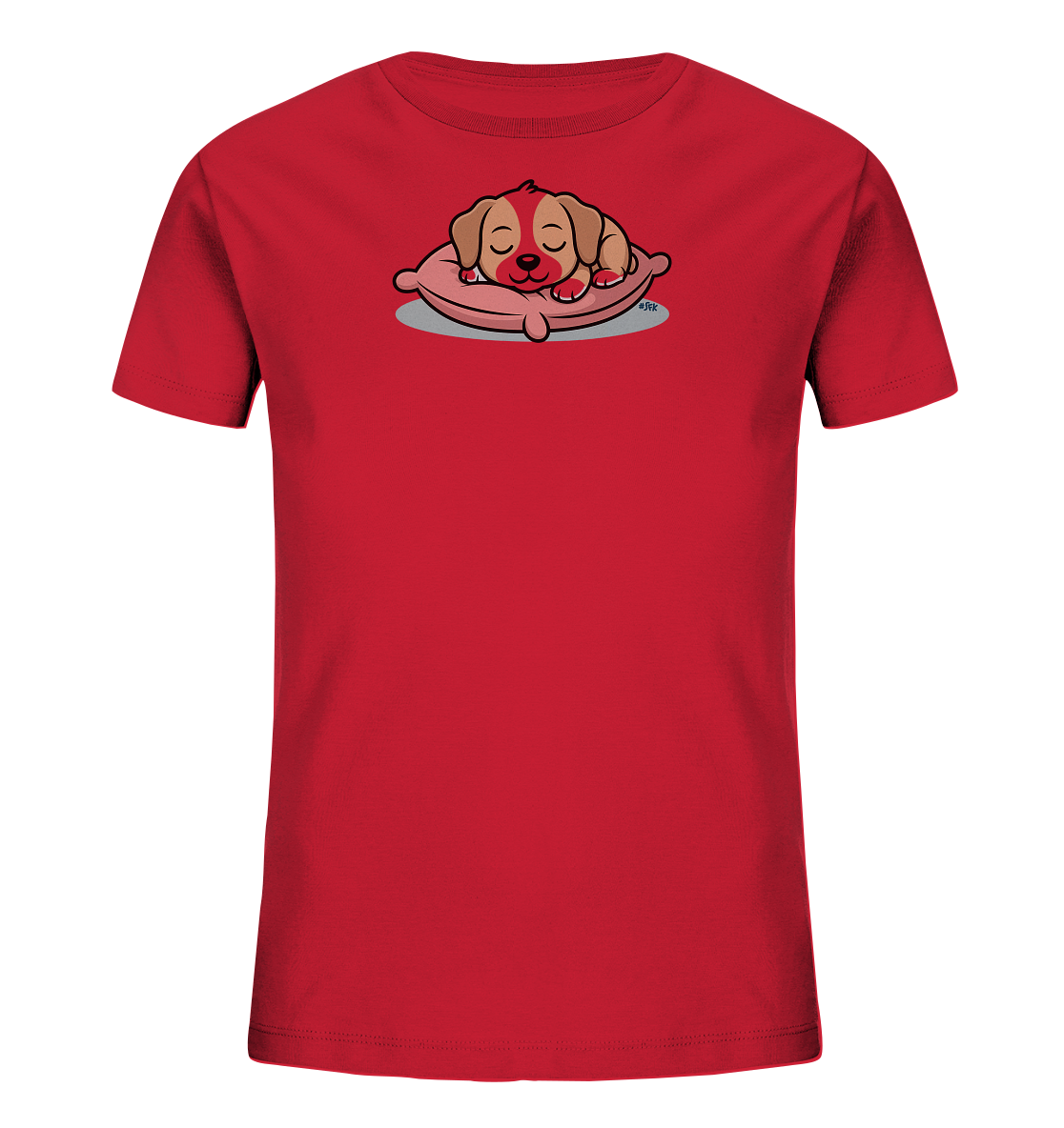 Onlineshop Shirts fuer Kinder - Das Bild zeigt ein rotes Kinder-T-Shirt mit einem niedlichen Aufdruck eines schlafenden Hundewelpen. Der Welpe liegt friedlich auf einem rosafarbenen Kissen, die Augen geschlossen und der Ausdruck ist sanft. Das Design ist in einem charmanten Cartoon-Stil gehalten und wirkt sehr beruhigend. Es ist ein froehliches und ansprechendes Motiv fuer Kinderkleidung.