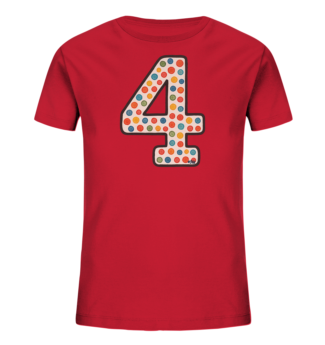 Onlineshop Shirts fuer Kinder - Das Bild zeigt ein rotes T-Shirt fuer Kinder, auf dessen Vorderseite eine grosse Zahl '4' abgebildet ist. Die Zahl ist mit einem schwarzen Rand umrandet und innen mit einem Muster aus bunten Punkten in verschiedenen Groessen und Farben gefuellt. Dieses froehliche Design sticht deutlich auf dem roten Hintergrund hervor.