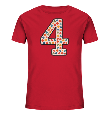 Kinder T-Shirt mit großer Zahl 4, bunten Punkten und dunkler Umrandung