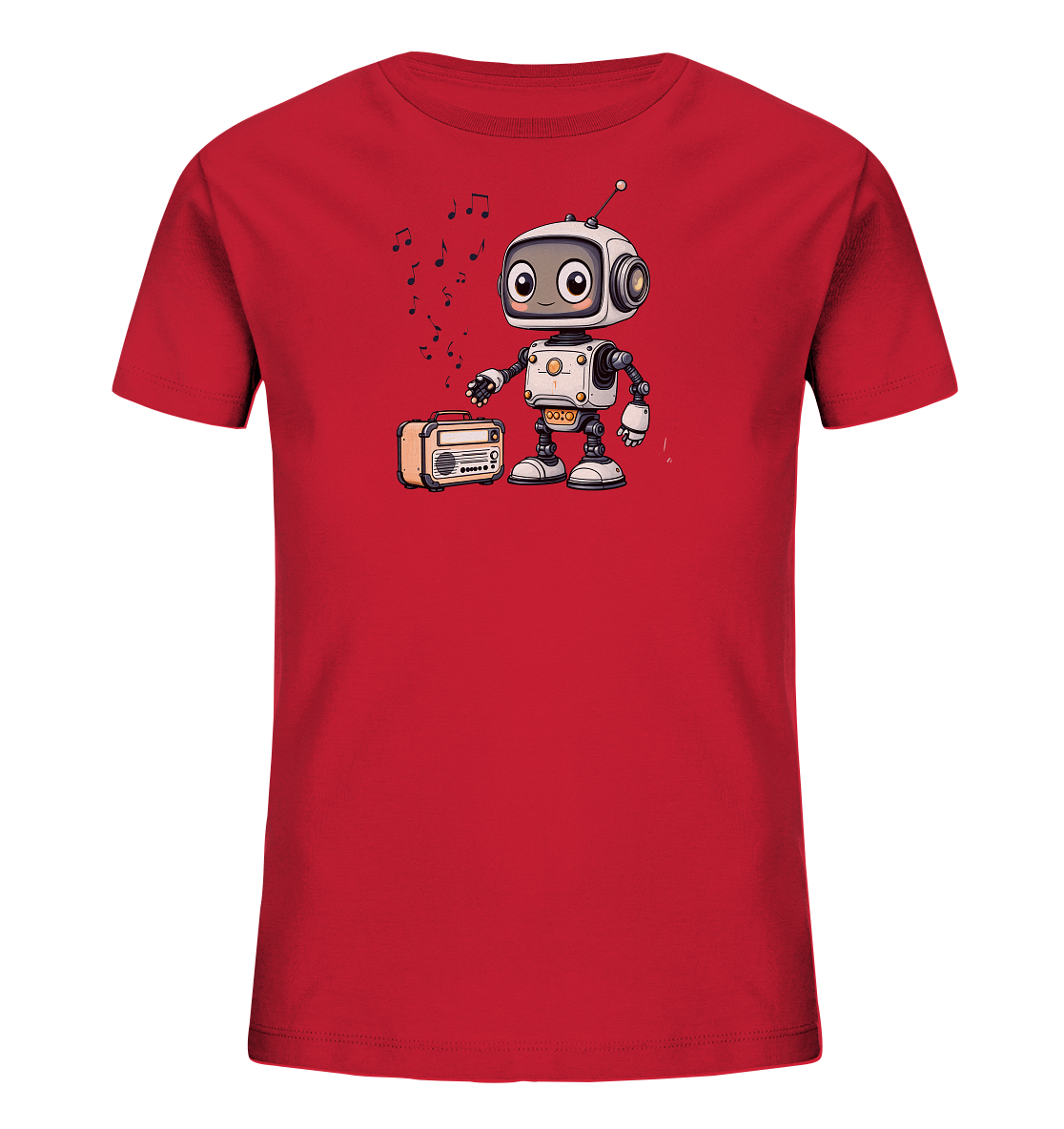 Onlineshop Shirts für Kinder - Das Bild zeigt ein rotes Kinder-T-Shirt mit einem bunten Aufdruck auf der Vorderseite. Zu sehen ist ein kleiner, cartoonhafter Roboter mit großen Augen, der neben einem Retro-Radio steht. Über dem Roboter schweben Musiknoten, was eine tanzende oder musikalische Szene darstellt. Das Design ist farbenfroh und wirkt verspielt, geeignet für Kinder.