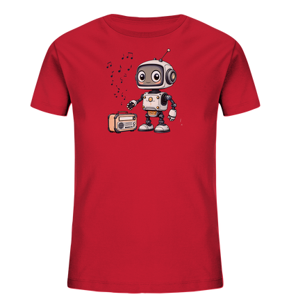 Onlineshop Shirts für Kinder - Das Bild zeigt ein rotes Kinder-T-Shirt mit einem bunten Aufdruck auf der Vorderseite. Zu sehen ist ein kleiner, cartoonhafter Roboter mit großen Augen, der neben einem Retro-Radio steht. Über dem Roboter schweben Musiknoten, was eine tanzende oder musikalische Szene darstellt. Das Design ist farbenfroh und wirkt verspielt, geeignet für Kinder.