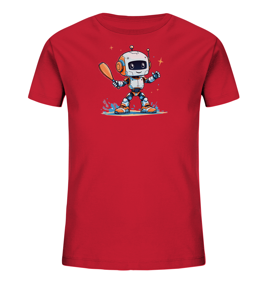 Onlineshop Shirts für Kinder - Das Bild zeigt ein rotes T-Shirt für Kinder mit einem farbenfrohen Druck auf der Vorderseite. Der Druck stellt einen freundlichen Cartoon-Roboter in den Farben Weiß, Orange und Blau dar. Der Roboter hält einen Holzschläger und steht in einer Szene mit Wasserspritzern und kleinen Sternen. Das Motiv wirkt verspielt und sportlich.