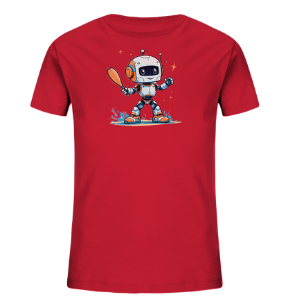 Onlineshop Shirts für Kinder - Das Bild zeigt ein rotes T-Shirt für Kinder mit einem farbenfrohen Druck auf der Vorderseite. Der Druck stellt einen freundlichen Cartoon-Roboter in den Farben Weiß, Orange und Blau dar. Der Roboter hält einen Holzschläger und steht in einer Szene mit Wasserspritzern und kleinen Sternen. Das Motiv wirkt verspielt und sportlich.