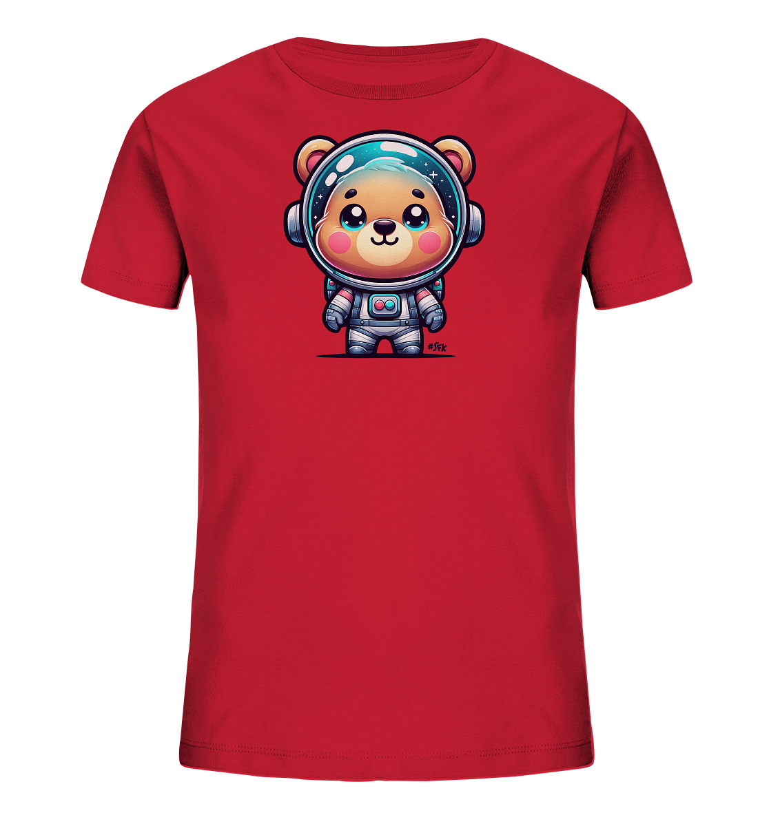 Onlineshop Shirts fuer Kinder - Das Bild zeigt ein rotes T-Shirt fuer Kinder. Auf der Vorderseite ist eine niedliche, cartoonartige Illustration eines Baeren zu sehen, der einen Astronautenanzug und einen Helm traegt. Der Baer hat grosse, ausdrucksstarke Augen und einen freundlichen Gesichtsausdruck. Das Design wirkt verspielt und laedt zum Traeumen vom Weltraum ein.