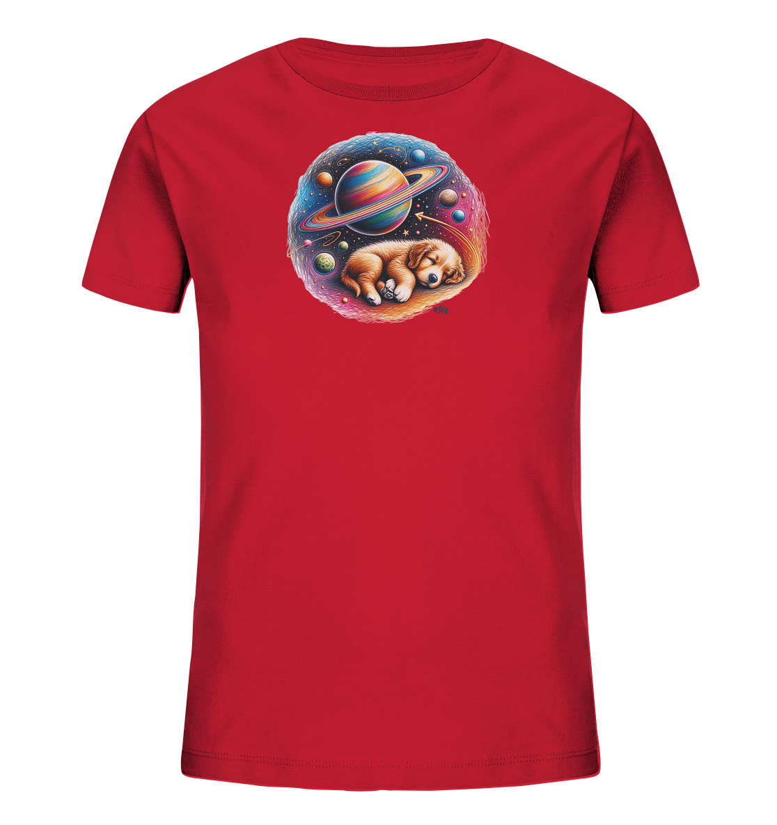 Onlineshop Shirts fuer Kinder - Das Bild zeigt ein rotes T-Shirt fuer Kinder. Auf der Vorderseite befindet sich ein farbenfrohes, rundes Motiv. Es zeigt einen schlafenden Welpen in einer Fantasiewelt mit Planeten und Sternen. Das Design ist verspielt und detailreich.