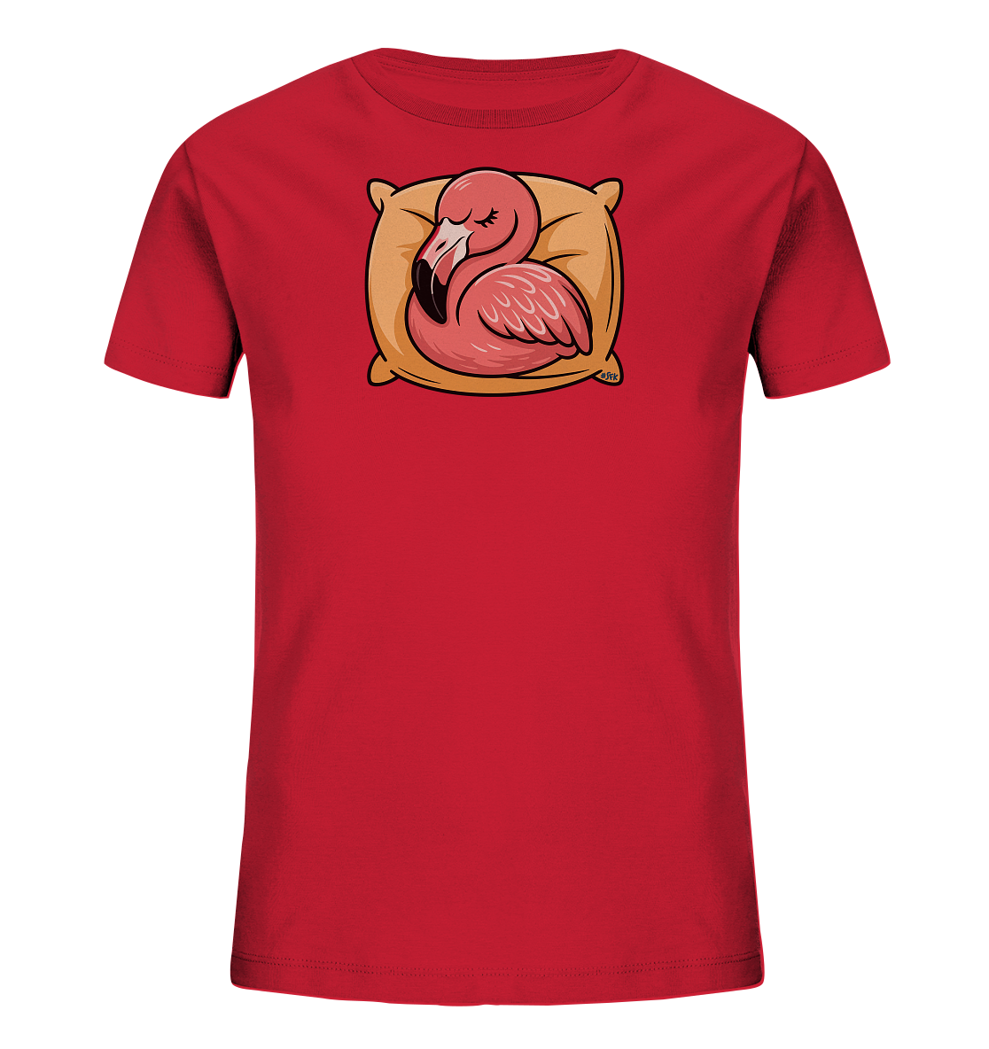 Onlineshop Shirts fuer Kinder - Das Bild zeigt ein rotes T-Shirt fuer Kinder. Auf der Vorderseite ist ein schlafender, pinkfarbener Flamingo abgebildet, der gemuetlich auf einem orangen Kissen liegt. Das Design strahlt Ruhe und Freundlichkeit aus und ist ansprechend fuer Kinder gestaltet.