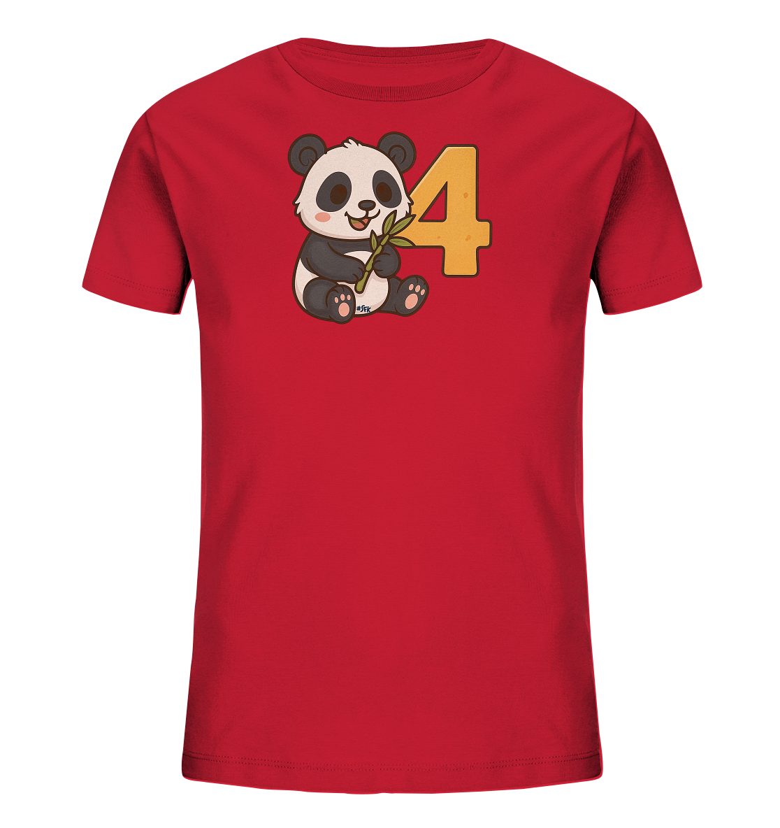 Onlineshop Shirts fuer Kinder - Das Bild zeigt ein rotes T-Shirt fuer Kinder. Auf der Vorderseite ist eine suesse Cartoon-Darstellung eines sitzenden Pandas zu sehen. Der Panda haelt einen Bambuszweig und sitzt neben einer grossen, orangefarbenen Zahl '4'. Das Design ist froehlich und kindgerecht gestaltet.
