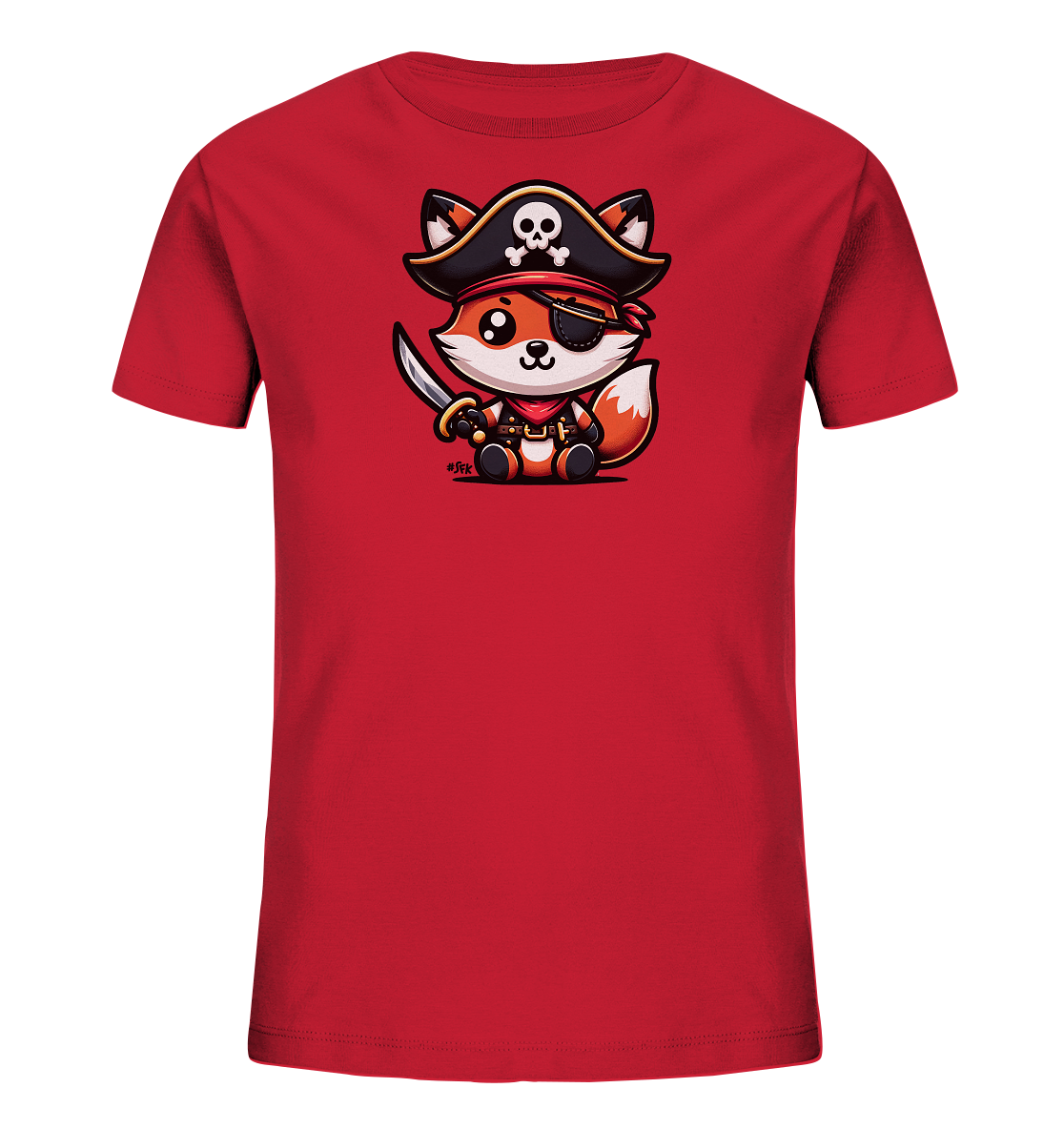 Onlineshop Shirts fuer Kinder - Das Bild zeigt ein rotes T-Shirt fuer Kinder mit einem Motiv auf der Vorderseite. Abgebildet ist ein niedlicher, cartoonhafter Fuchs, der als Pirat gekleidet ist. Er traegt einen Piratenhut mit Totenkopf, eine Augenklappe und haelt ein kleines Schwert. Das farbenfrohe Design verleiht dem Shirt einen abenteuerlichen Charakter.