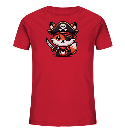 Onlineshop Shirts fuer Kinder - Das Bild zeigt ein rotes T-Shirt fuer Kinder mit einem Motiv auf der Vorderseite. Abgebildet ist ein niedlicher, cartoonhafter Fuchs, der als Pirat gekleidet ist. Er traegt einen Piratenhut mit Totenkopf, eine Augenklappe und haelt ein kleines Schwert. Das farbenfrohe Design verleiht dem Shirt einen abenteuerlichen Charakter.