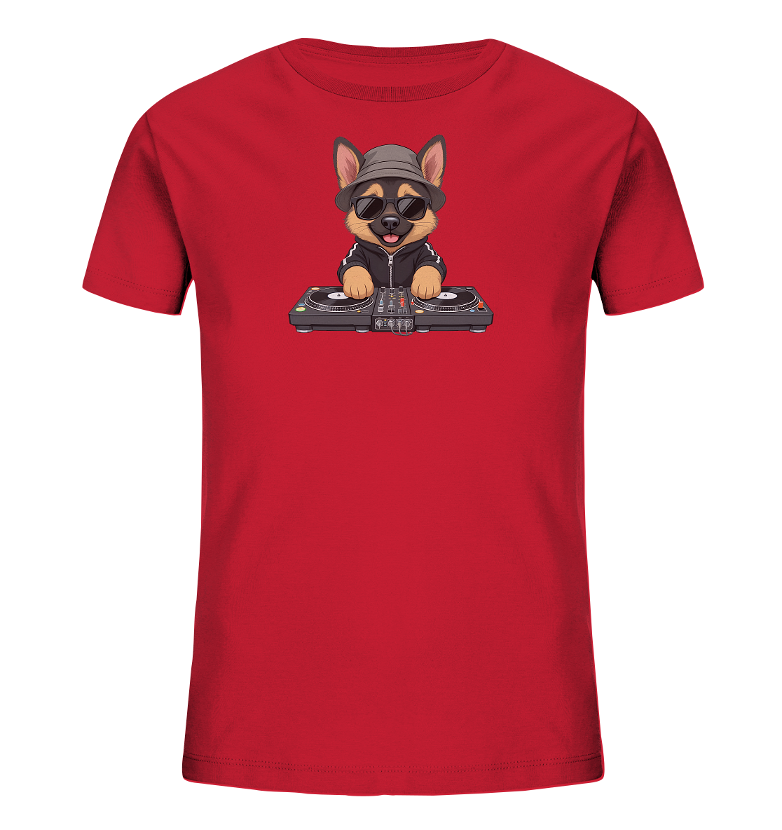 Onlineshop Shirts fuer Kinder - Das Bild zeigt ein rotes Kinder-T-Shirt mit einem Motiv einer Hundefigur. Die Figur ist mit Sonnenbrille, Hut und Jacke bekleidet und steht an einem DJ-Mischpult. Das Design verleiht dem Oberteil eine verspielte und laessige Ausstrahlung.