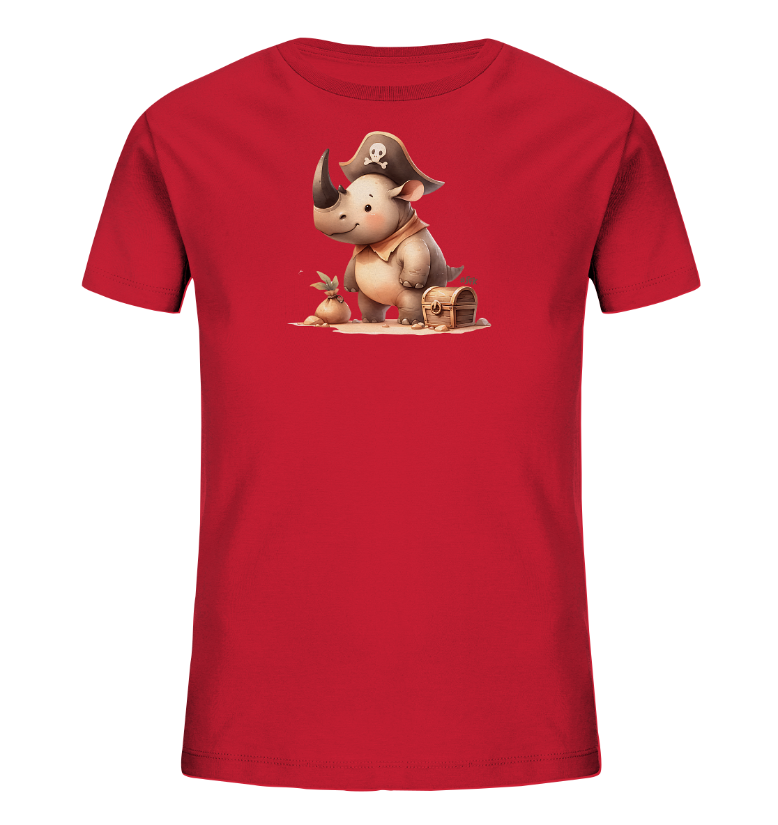 Onlineshop Shirts fuer Kinder - Das Bild zeigt ein rotes T-Shirt mit einem niedlichen Motiv fuer Kinder. Auf der Vorderseite ist ein Cartoon-Nashorn abgebildet, das als Pirat verkleidet ist. Es traegt einen Piratenhut mit Totenkopf und sitzt neben einer kleinen Schatztruhe auf Sand. Das Design wirkt verspielt und abenteuerlich.