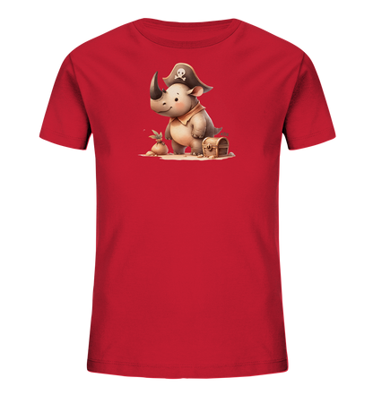 Onlineshop Shirts fuer Kinder - Das Bild zeigt ein rotes T-Shirt mit einem niedlichen Motiv fuer Kinder. Auf der Vorderseite ist ein Cartoon-Nashorn abgebildet, das als Pirat verkleidet ist. Es traegt einen Piratenhut mit Totenkopf und sitzt neben einer kleinen Schatztruhe auf Sand. Das Design wirkt verspielt und abenteuerlich.