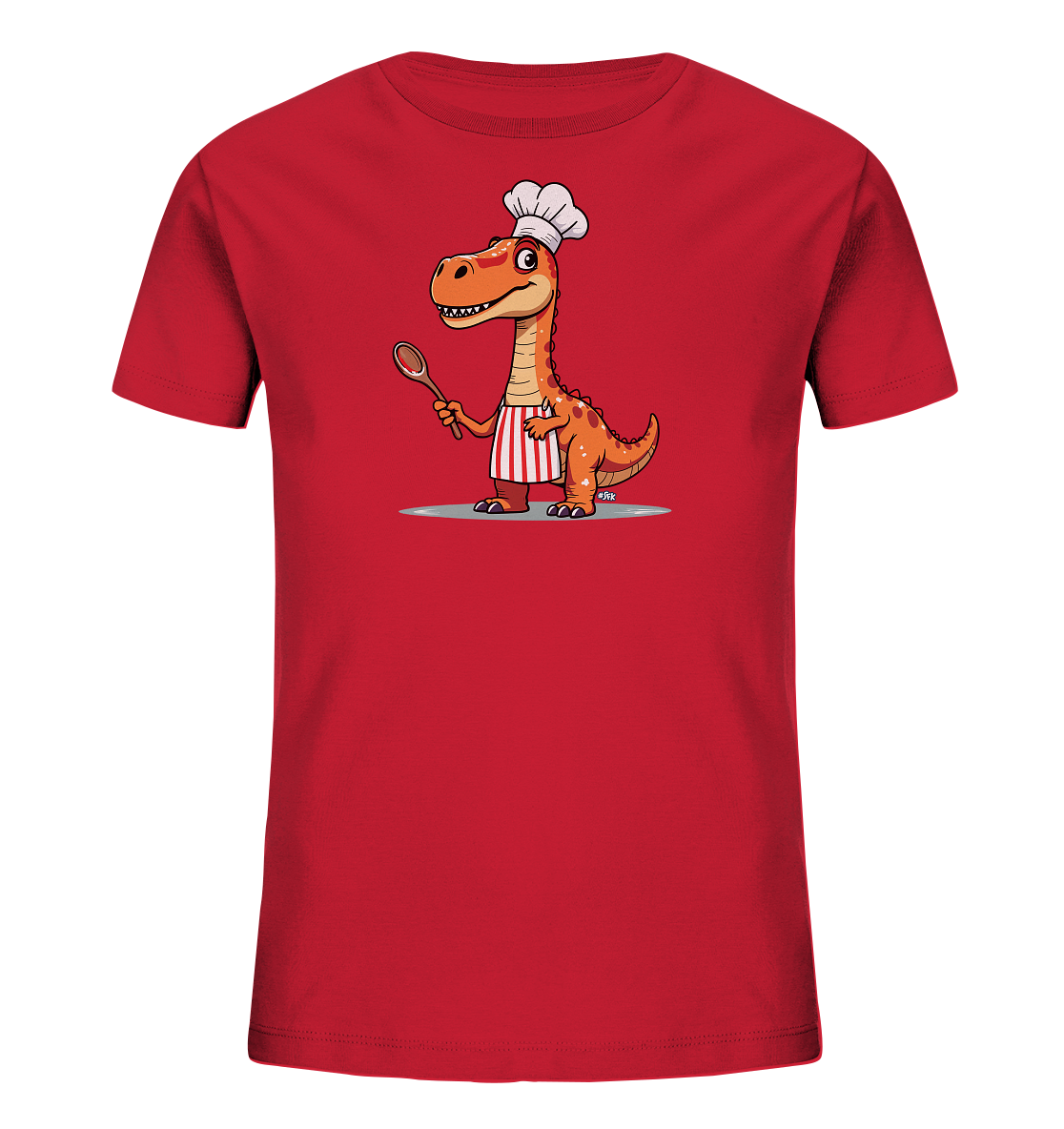 Onlineshop Shirts fuer Kinder - Dieses rote Kinder-T-Shirt zeigt eine lustige Illustration eines freundlichen, orangen Dinosauriers. Der Dinosaurier traegt eine Kochmuetze und eine rot-weiss gestreifte Schuerze. Er haelt einen Holzloeffel in seiner Kralle und steht auf einem hellgrauen Untergrund. Das verspielte Motiv ist zentral auf der Vorderseite platziert.