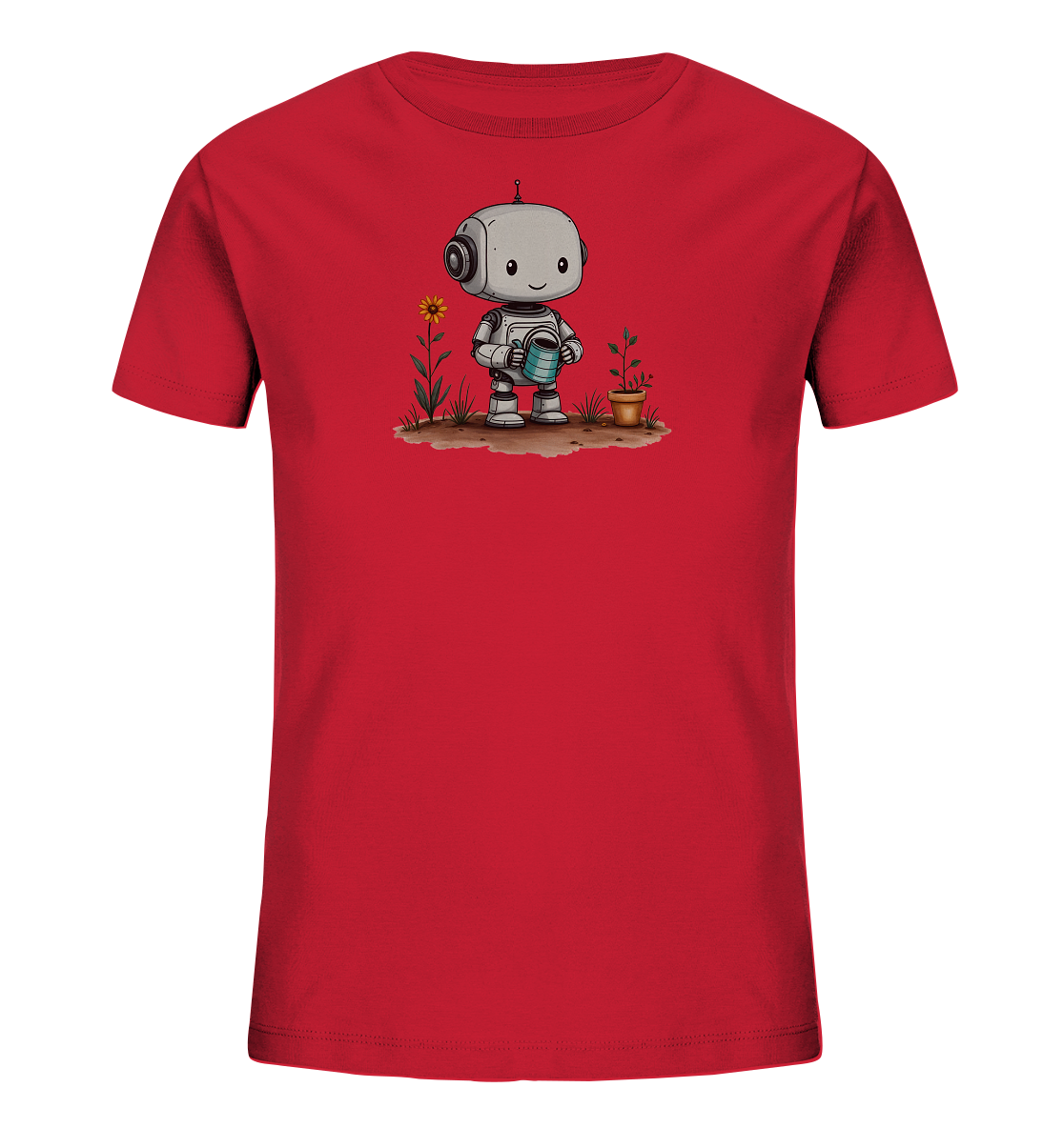 Onlineshop Shirts für Kinder - Das Bild zeigt ein leuchtend rotes Kinder-T-Shirt auf schwarzem Hintergrund. Auf der Vorderseite des Shirts befindet sich eine farbige Illustration eines niedlichen Roboters. Der Roboter hält eine blaue Gießkanne und gießt eine kleine Pflanze in einem Terrakottatopf. Neben der Pflanze wächst eine einzelne Sonnenblume aus brauner Erde, was dem Design eine fröhliche und naturverbundene Szene verleiht.