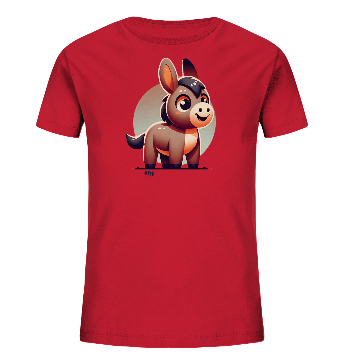 Onlineshop Shirts fuer Kinder - Das Bild zeigt ein rotes Kinder-T-Shirt mit einer niedlichen Illustration eines kleinen Esels auf der Vorderseite. Der Esel ist braun mit dunkler Maehne und hat grosse Augen sowie ein freundliches Laecheln. Hinter ihm befindet sich ein heller Kreis als dezente Hintergrundgrafik. Dieses Design verleiht dem Shirt einen verspielten Charakter.