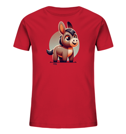 Onlineshop Shirts fuer Kinder - Das Bild zeigt ein rotes Kinder-T-Shirt mit einer niedlichen Illustration eines kleinen Esels auf der Vorderseite. Der Esel ist braun mit dunkler Maehne und hat grosse Augen sowie ein freundliches Laecheln. Hinter ihm befindet sich ein heller Kreis als dezente Hintergrundgrafik. Dieses Design verleiht dem Shirt einen verspielten Charakter.