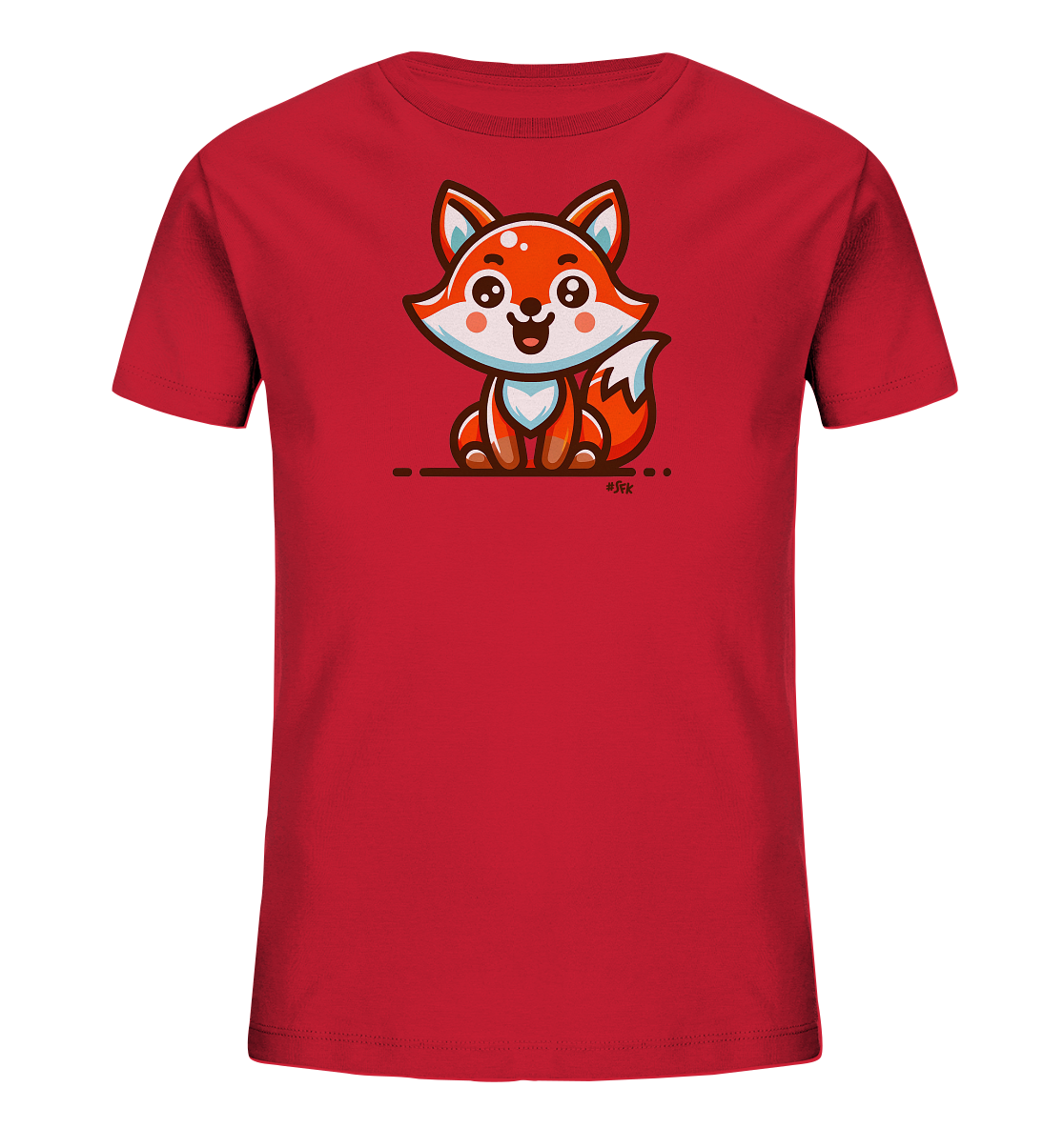 Onlineshop Shirts fuer Kinder - Das Bild zeigt ein rotes T-Shirt fuer Kinder. Auf der Vorderseite ist eine niedliche, cartoonhafte Illustration eines Fuchses zu sehen. Der Fuchs sitzt und hat ein froehliches Gesicht.
