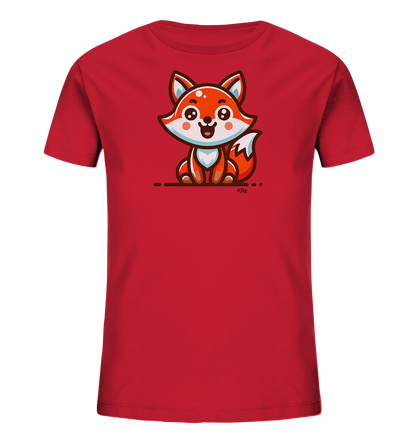 Onlineshop Shirts fuer Kinder - Das Bild zeigt ein rotes T-Shirt fuer Kinder. Auf der Vorderseite ist eine niedliche, cartoonhafte Illustration eines Fuchses zu sehen. Der Fuchs sitzt und hat ein froehliches Gesicht.