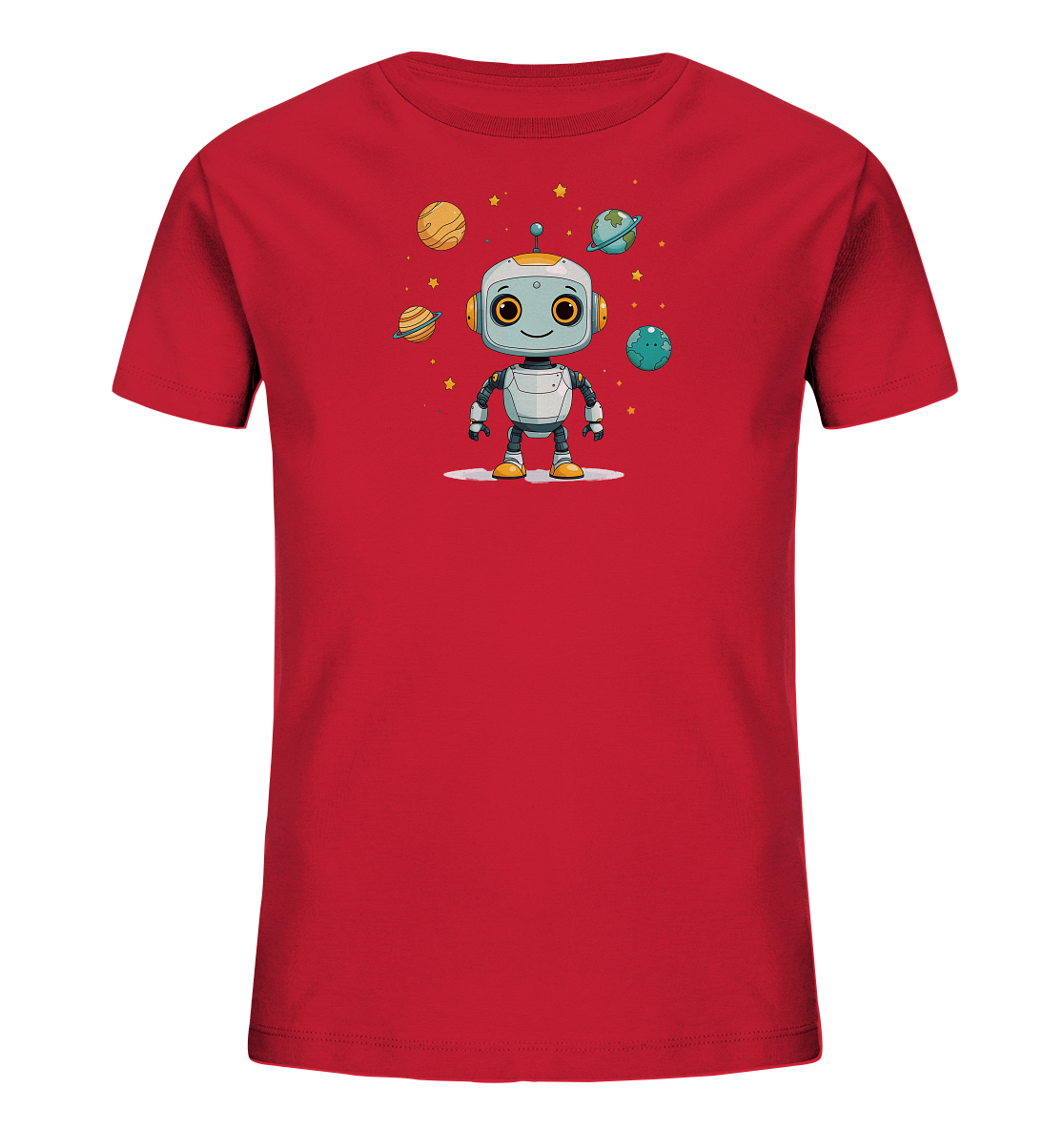 Onlineshop Shirts für Kinder - Das Bild zeigt ein leuchtend rotes Kinder-T-Shirt auf schwarzem Hintergrund. Auf der Vorderseite des Shirts ist eine bunte Grafik eines freundlichen Roboters inmitten von Planeten und Sternen zu sehen. Der Roboter hat große Augen und ein fröhliches Lächeln, umgeben von Himmelskörpern wie Saturn und einer erdähnlichen Kugel. Dieses Design verleiht dem Shirt eine verspielte Weltraum-Optik, ideal für kleine Abenteurer.