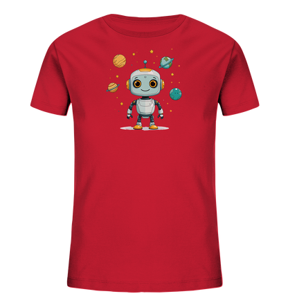 Onlineshop Shirts für Kinder - Das Bild zeigt ein leuchtend rotes Kinder-T-Shirt auf schwarzem Hintergrund. Auf der Vorderseite des Shirts ist eine bunte Grafik eines freundlichen Roboters inmitten von Planeten und Sternen zu sehen. Der Roboter hat große Augen und ein fröhliches Lächeln, umgeben von Himmelskörpern wie Saturn und einer erdähnlichen Kugel. Dieses Design verleiht dem Shirt eine verspielte Weltraum-Optik, ideal für kleine Abenteurer.