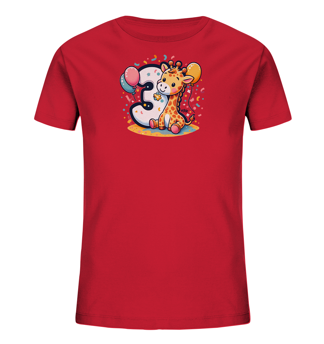 Onlineshop Shirts fuer Kinder - Das Bild zeigt ein rotes Kinder-T-Shirt mit einem farbenfrohen Aufdruck. Das Motiv zeigt eine niedliche, cartoonartige Giraffe, die neben der grossen Zahl '3' sitzt. Die Szene ist mit Luftballons und Konfetti verziert, was dem Design einen festlichen Charakter verleiht. Das gesamte Bild wirkt froehlich und verspielt.