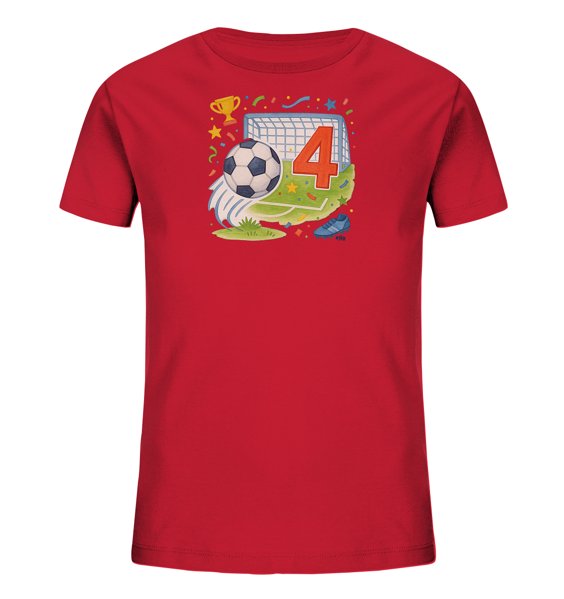 Onlineshop Shirts fuer Kinder - Das Bild zeigt ein rotes T-Shirt fuer Kinder. Auf der Vorderseite ist ein detailreiches Fussballmotiv abgebildet, das ein Tor, einen Ball auf dem Rasen, einen Pokal und die grosse Zahl 4 zeigt. Kleine Elemente wie Konfetti und ein Schuh ergaenzen das Design. Es ist ein farbenfrohes Motiv rund um das Thema Fussball und Geburtstag.