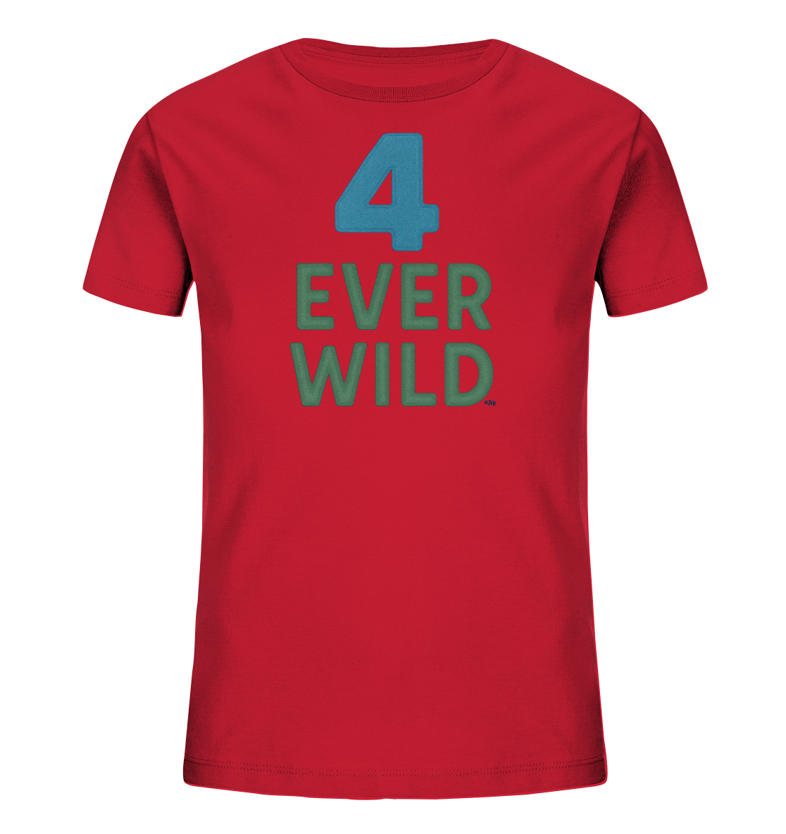 Onlineshop Shirts fuer Kinder - Das Bild zeigt ein rotes T-Shirt fuer Kinder. Auf der Vorderseite ist in blauer Schrift die Zahl '4' abgebildet. Darunter steht in gruener Schrift 'EVER WILD'. Das Design ist schlicht und farblich kontrastreich gestaltet.