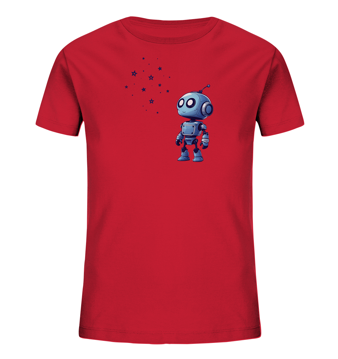 Onlineshop Shirts für Kinder - Das Bild zeigt ein rotes T-Shirt für Kinder. Auf der Vorderseite befindet sich ein Druckmotiv eines kleinen, blauen Roboters auf der rechten Brustseite. Links oberhalb des Roboters sind mehrere blaue Sterne unterschiedlicher Größe sowie kleine Punkte zu sehen. Das Motiv ist im Comic-Stil gehalten und verleiht dem Shirt einen verspielten Look.