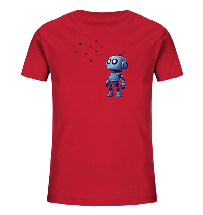 Onlineshop Shirts für Kinder - Das Bild zeigt ein rotes T-Shirt für Kinder. Auf der Vorderseite befindet sich ein Druckmotiv eines kleinen, blauen Roboters auf der rechten Brustseite. Links oberhalb des Roboters sind mehrere blaue Sterne unterschiedlicher Größe sowie kleine Punkte zu sehen. Das Motiv ist im Comic-Stil gehalten und verleiht dem Shirt einen verspielten Look.