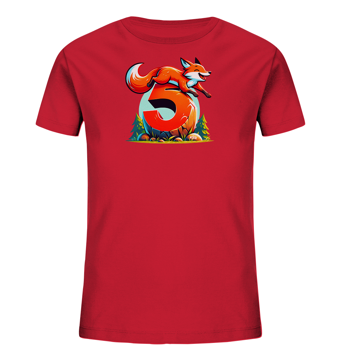 Onlineshop Shirts für Kinder - Das Bild zeigt ein rotes Kinder-T-Shirt mit einem bunten und dynamischen Aufdruck auf der Vorderseite. Das zentrale Motiv ist die große Zahl Fünf, die wie eine steinerne Formation aussieht. Ein flinker roter Fuchs springt gerade über die obere Rundung der Zahl, dargestellt mit einem fröhlichen Ausdruck und dynamischer Körperhaltung. Das gesamte Design ist in einer natürlichen Umgebung mit Bäumen, Gras und kleinen Felsen eingebettet und wirkt sehr lebhaft.