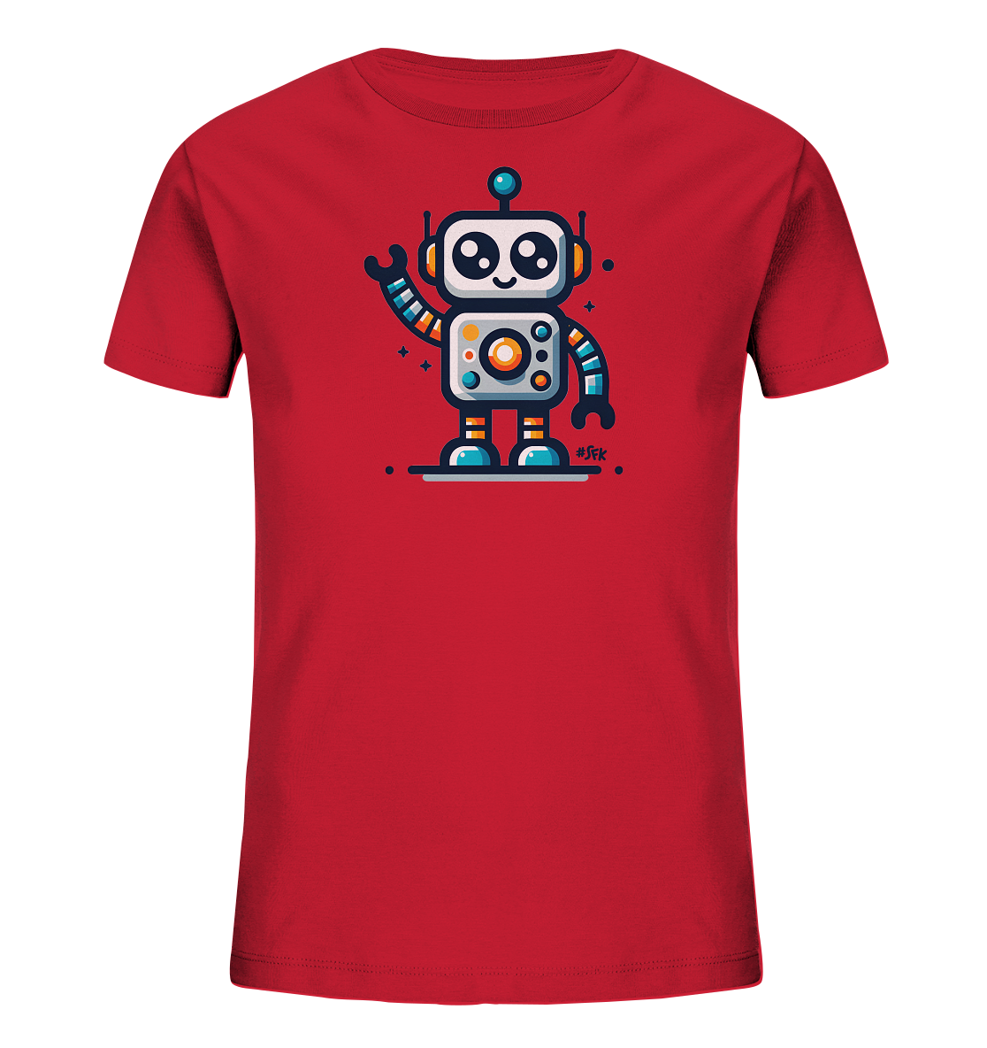 Onlineshop Shirts fuer Kinder - Das Bild zeigt ein rotes Kinder-T-Shirt mit einem bunten Cartoon-Roboter auf der Vorderseite. Der freundlich aussehende Roboter winkt und ist von kleinen Sternen umgeben. Ein froehliches Design.