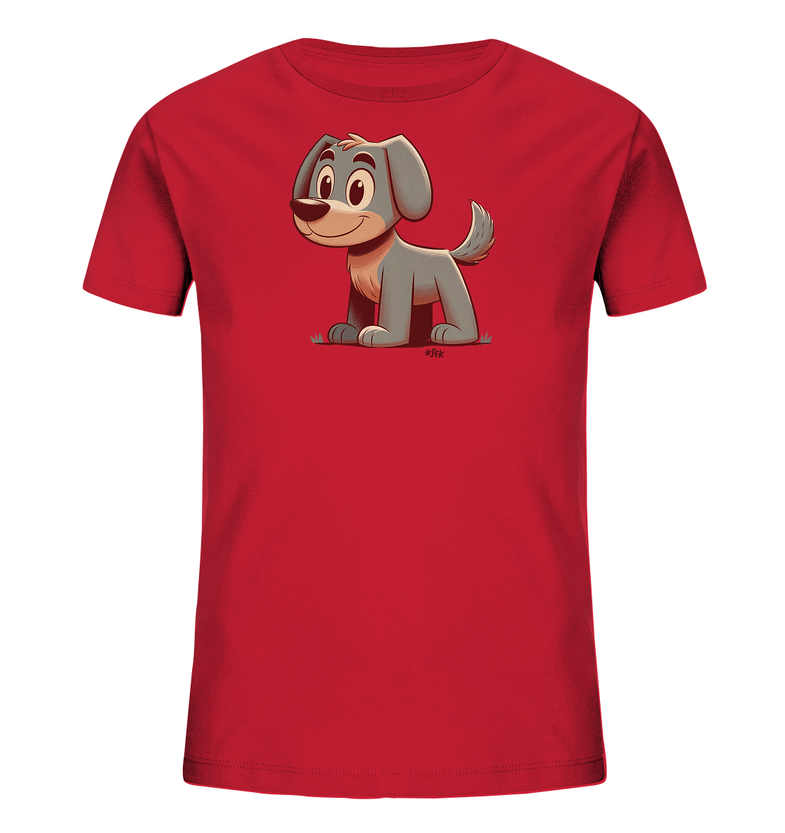 Onlineshop Shirts fuer Kinder - Dieses rote T-Shirt fuer Kinder zeigt ein charmantes Cartoon-Motiv eines grauen Hundes auf der Vorderseite. Der freundliche Hund sitzt aufrecht mit einem Laecheln im Gesicht und aufmerksam wirkenden Augen. Das detailreiche Design mit angedeutetem Gras rundet das verspielte Bild ab. Ein ideales Shirt fuer kleine Tierfreunde.