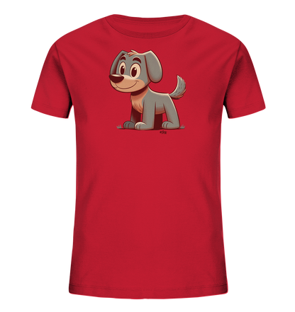 Onlineshop Shirts fuer Kinder - Dieses rote T-Shirt fuer Kinder zeigt ein charmantes Cartoon-Motiv eines grauen Hundes auf der Vorderseite. Der freundliche Hund sitzt aufrecht mit einem Laecheln im Gesicht und aufmerksam wirkenden Augen. Das detailreiche Design mit angedeutetem Gras rundet das verspielte Bild ab. Ein ideales Shirt fuer kleine Tierfreunde.