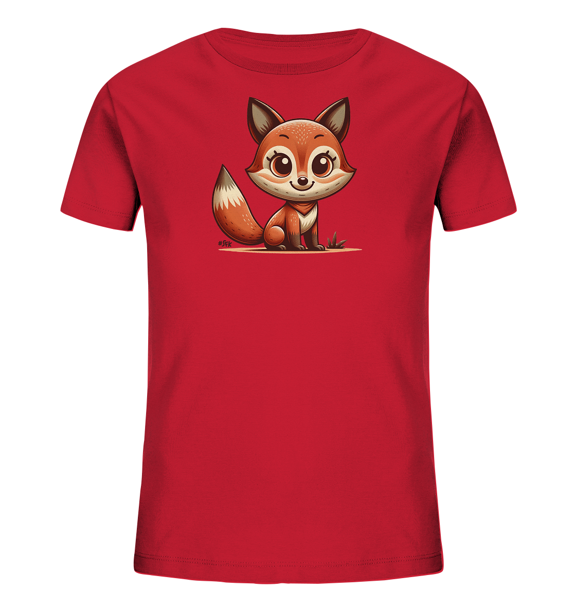Onlineshop Shirts fuer Kinder - Das Bild zeigt ein leuchtend rotes Kinder-T-Shirt. Auf der Vorderseite ist eine niedliche, cartoonhafte Darstellung eines Fuchses zu sehen. Der Fuchs sitzt aufrecht und hat grosse, ausdrucksstarke Augen sowie einen buschigen Schwanz. Die Grafik verleiht dem Shirt einen verspielten Charakter und macht es zu einem attraktiven Kleidungsstueck fuer Kinder.