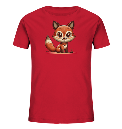 Onlineshop Shirts fuer Kinder - Das Bild zeigt ein leuchtend rotes Kinder-T-Shirt. Auf der Vorderseite ist eine niedliche, cartoonhafte Darstellung eines Fuchses zu sehen. Der Fuchs sitzt aufrecht und hat grosse, ausdrucksstarke Augen sowie einen buschigen Schwanz. Die Grafik verleiht dem Shirt einen verspielten Charakter und macht es zu einem attraktiven Kleidungsstueck fuer Kinder.